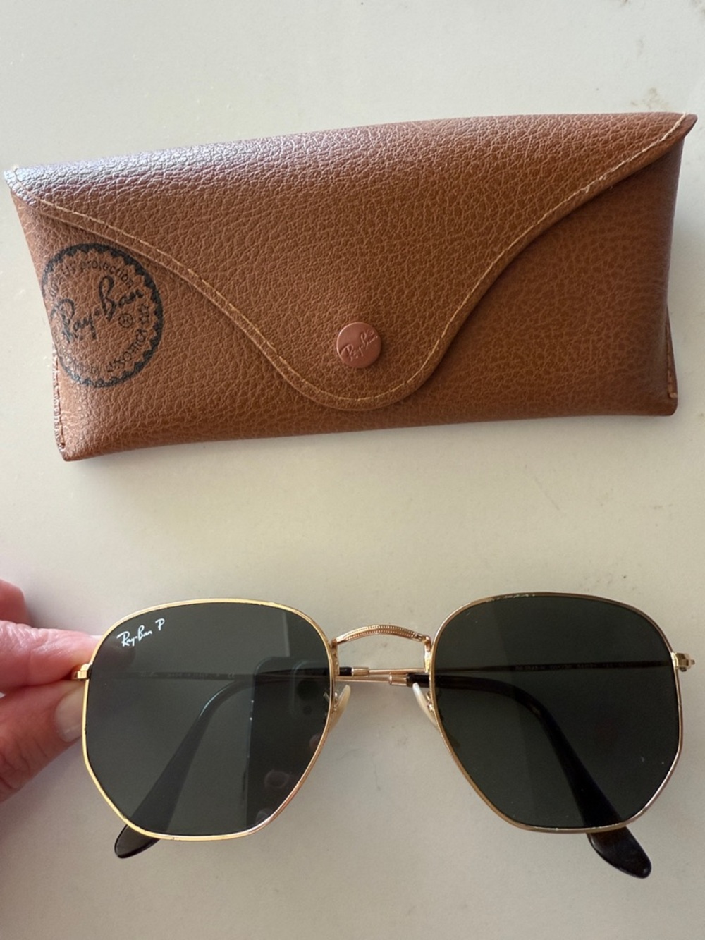 Ray-Ban Gold Frame Sunglasses with Dark Green Lenses and Brown Case